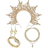 COSUCOS Halloween Medusa Costume Accessories Set, 5 Pcs Renaissance Golden Sunburst Fantasy Snake Halo Crown Kit with Earring Necklace and Bracelet, Renfaire Sun Greek Goddess Headpiece for Women