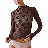Ugerlov Women's Long Sleeve Mesh Top Mock Neck Sheer Blouse See Through Floral Lace Tops