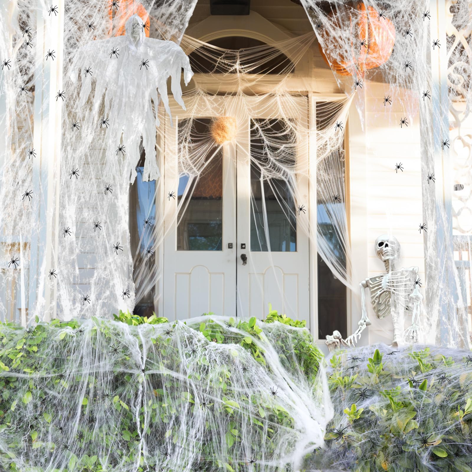 Photo 1 of 1400 Sqft Spider Webs Halloween Decorations Outdoor- Extra Wide Cobwebs + 150 Fake Spiders for Bushes/Fences, All-Weather Haunted House, Classroom Crafts & Photo Backdrop, Halloween Decor
