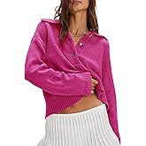 Malajisi Womens Lapel Collar Polo Sweater Button Down V Neck Long Sleeve Casual Loose Knit Pullover Tops