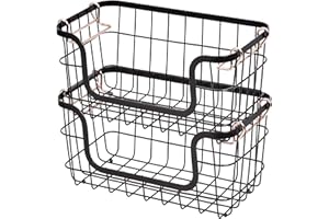 鶹 Basics Stackable Metal Wire Rectangular Storage Basket Set For Kitchen or Bathroom, 2 Count, Black