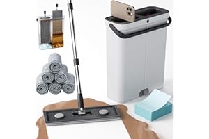 POPMOP Compact Floor Mop and Bucket - Flat Mop and Bucket with Wringer Set Hands Free | Wet Dry Mop for Apartment, Tiny Home, RV, Windows, Wall, Hardwood, Vinyl, Floor with 6 Microfiber Cloths