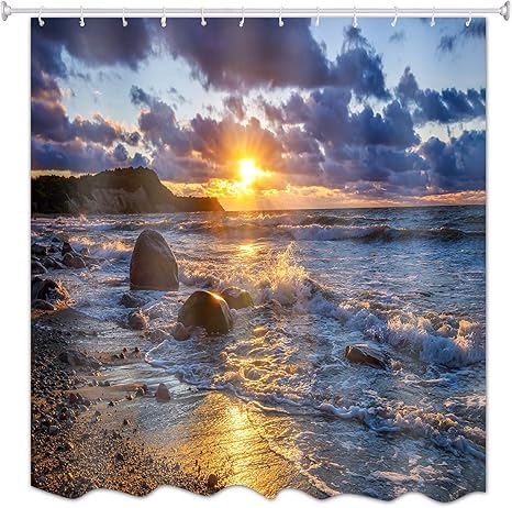 Amonamour Océan Mer Plage Coucher De Soleil Foncé Nuageux Ciel Pierre Roches La Nature Paysages Impression Polyester Tissu Rideau De Douche Pour