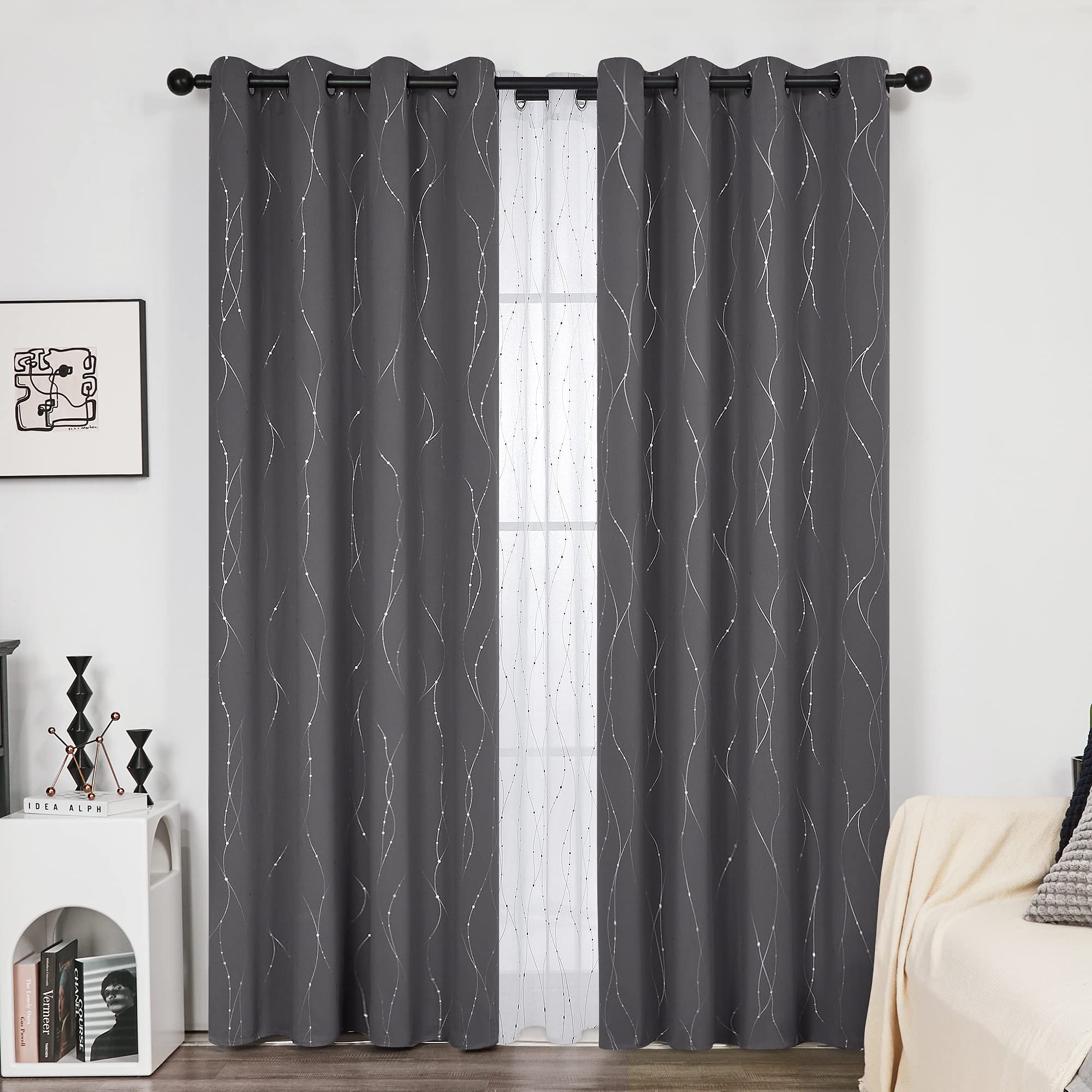 Deconovo Home Decorative Thermal Insulated Curtains Blackout Curtains Foil Dotted Line Printed Eyelet Curtains for Boys Bedroom W55 x L95 Dark Grey One Pair