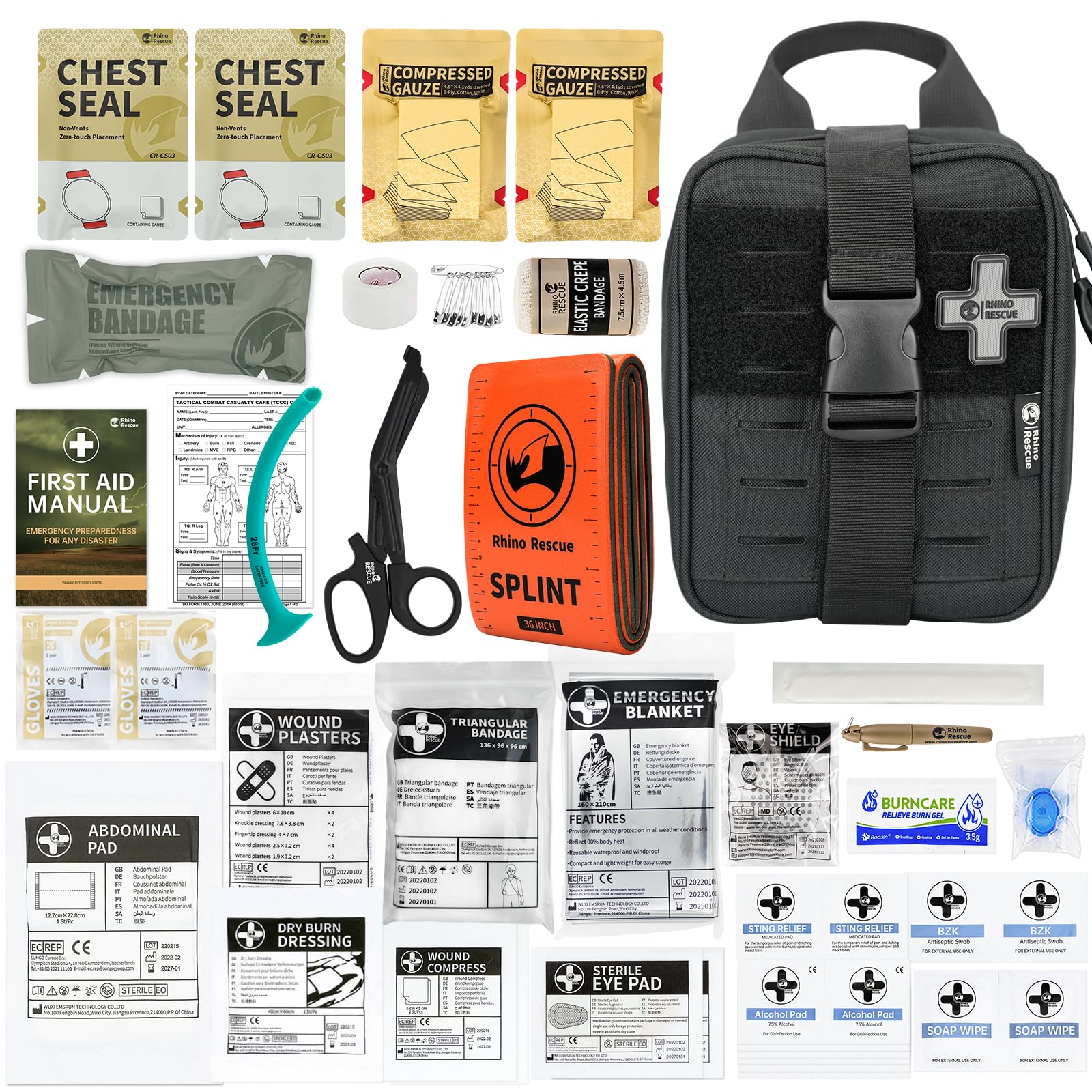 RHINO RESCUE IFAK First Aid Trauma Kit FSA HSA Eligible Molle Medical Pouch for Tactical Military Car Travel Hiking (Black)