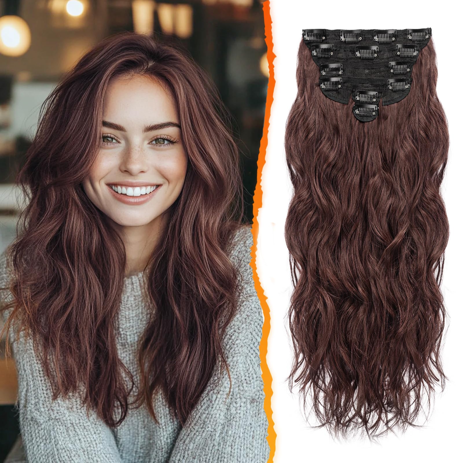 BARSDAR Clip in Hair Extensions for Women, 20 Inch Long Wavy Chestnut Hair Extensions Clip in 6PCs Full Head Thick Soft Synthetic Clip in Hairpieces Daily Party Halloween- Reddish Chestnut Brown