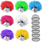 ELECLAND 7 Pieces Party Wigs and 7 Pieces Wig Cap Set, Neon Curly Afro Wigs Colorful Cosplay Wig Daily Party Hairpieces for Bachelorette Neon Party Favors, Halloween and Decorations