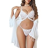 Avidlove Women Sexy Lingerie 3 Piece Set Sheer Mesh Robe with Lace Bra and Thong Sleepwear Nightwear