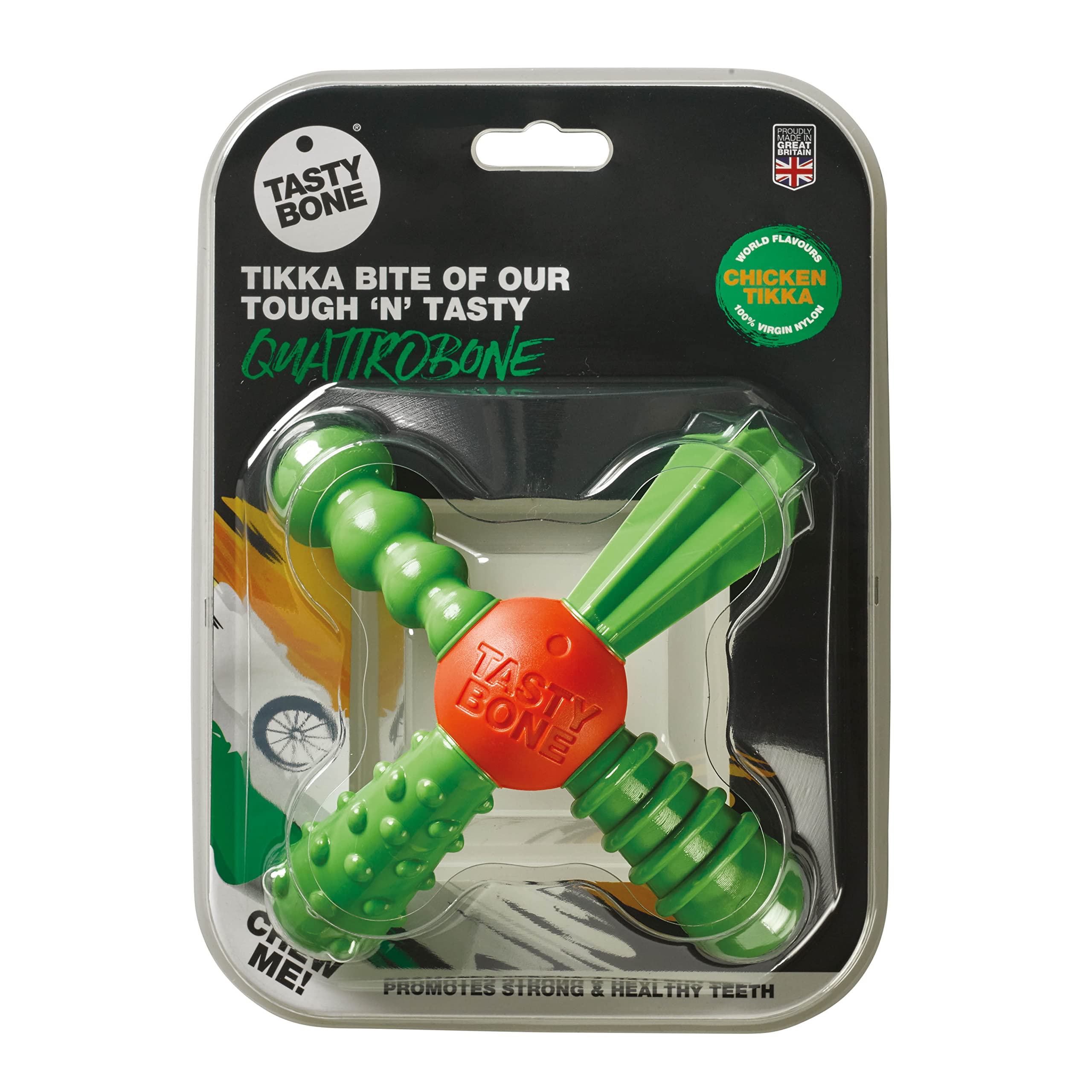 TastyBone QuattroBone Nylon Dog Chew Toy for Small Dogs (Chicken Tikka) - Indestructible for Aggressive Chewers, Everlasting Flavour, Strong Healthy Teeth, Made in the UK