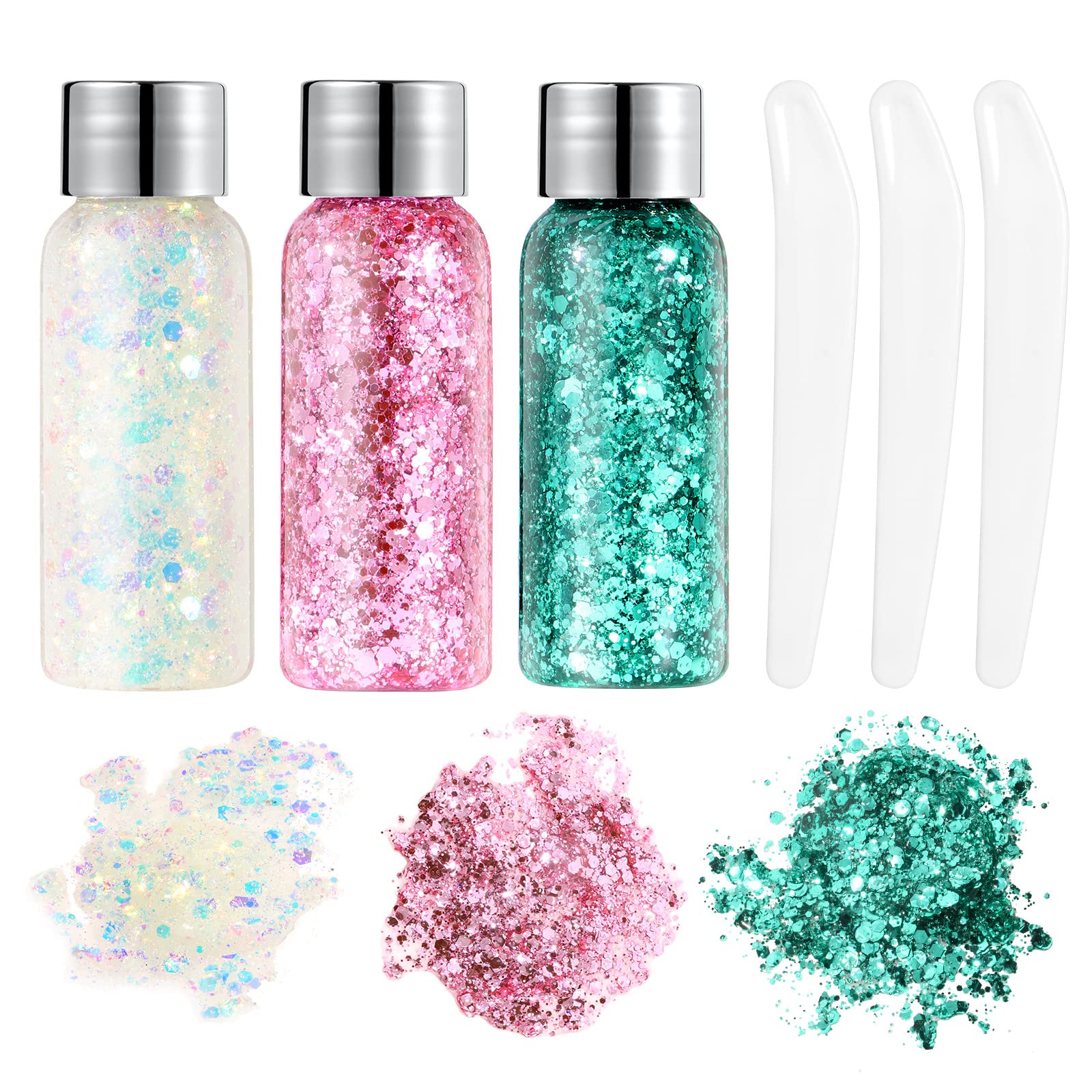 URAQT Holographic Mermaid Sequins Glitter Gel - 3pc Chunky Cosmetic Glitter Face & Body Gel for Festival Party Makeup & DIY Art