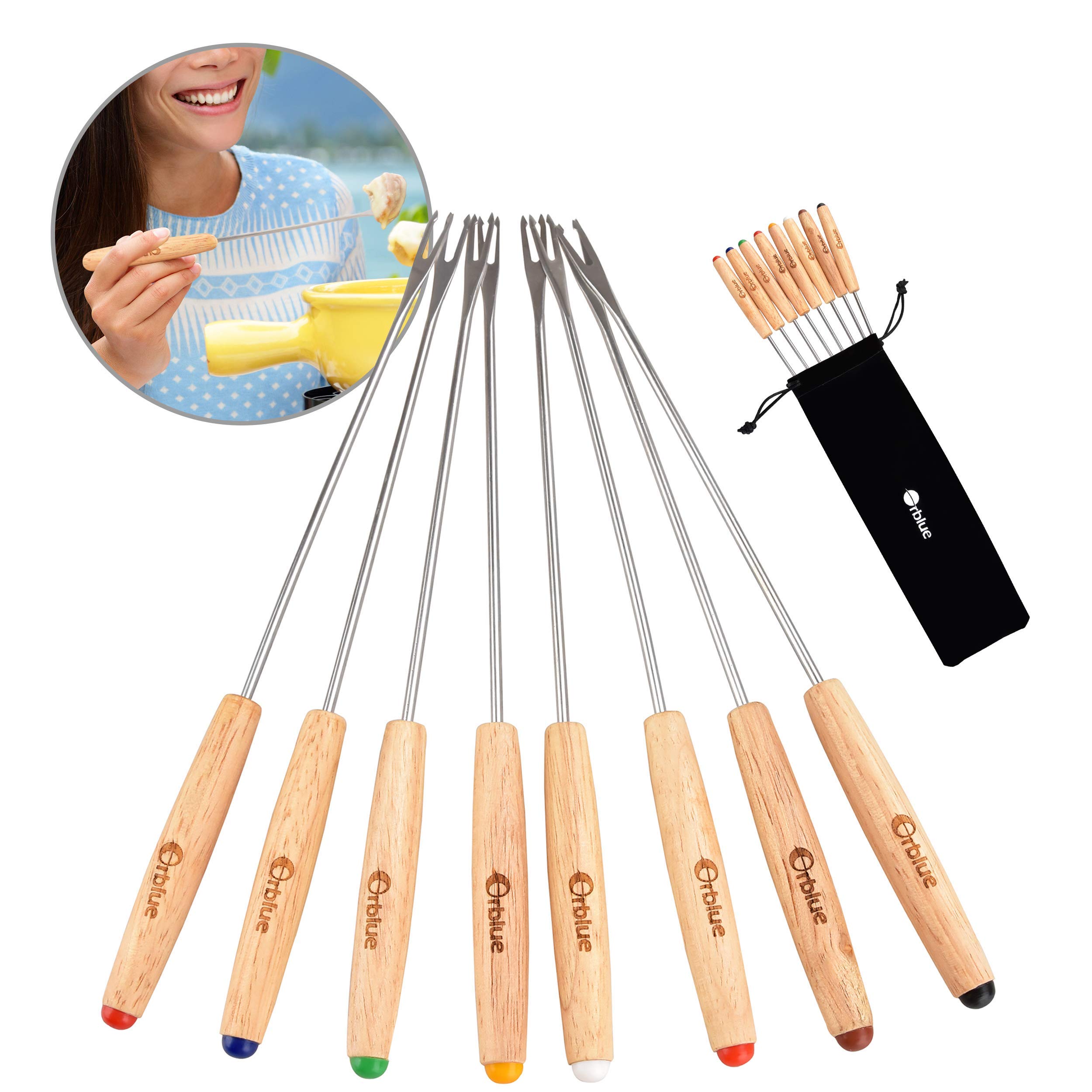 Orblue Set of 8 Fondue Forks - Color Coded Stainless-Steel Skewers with Natural Oak Wood Handles 9.5 Inches Long Chocolate Fondue Set