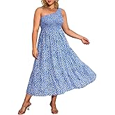 Pinup Fashion Women Plus Size One Shoulder Sleeveless Casual Summer Smocked Tiered Flowy Beach Boho Maxi Dress