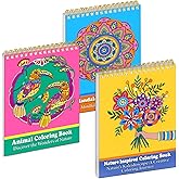 LORHAKI Adult Coloring Book for Women, 3 Spiral Bound Adult Coloring Book Nature Animal Mandala, 200gsm No-Bleed Thick Paper, Optimal for Relaxation and Stress Relief Women Elders Teens