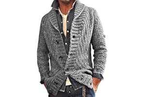Mens Vintage Lapel Knit Cardigan Jacket, Casual Cable Knit Button Lapel Cardigan Sweater for Winter