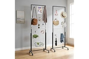 IDEALHOUSE 2 Packs Movable Grid Wall Panel Display Rack with Clips & Hooks, Double Side Wall Grid Panel with t-Base Floorstan