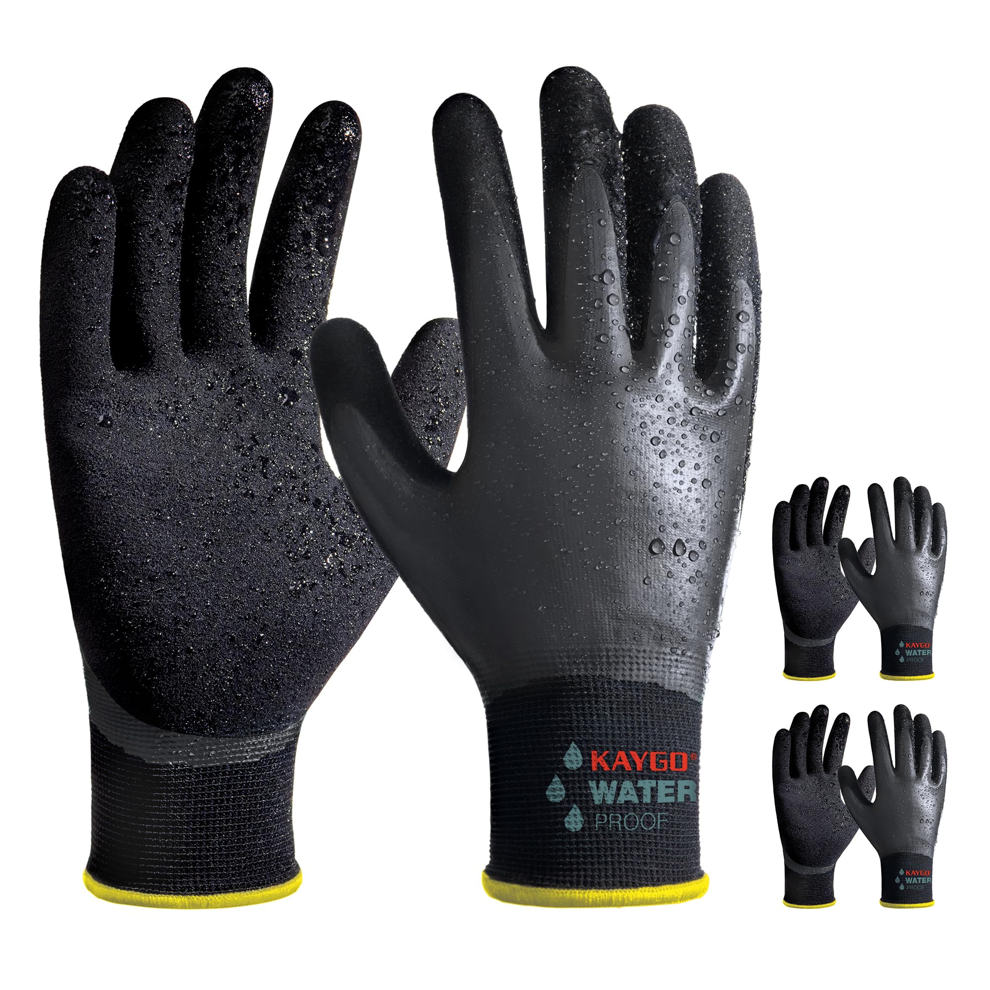 KAYGO Waterproof Work Gloves for Men and Women with Double Latex Coated, Non-Slip Super Grip for Gardening Car Washing Fish Cleaning (Black, L, 3 Pairs)