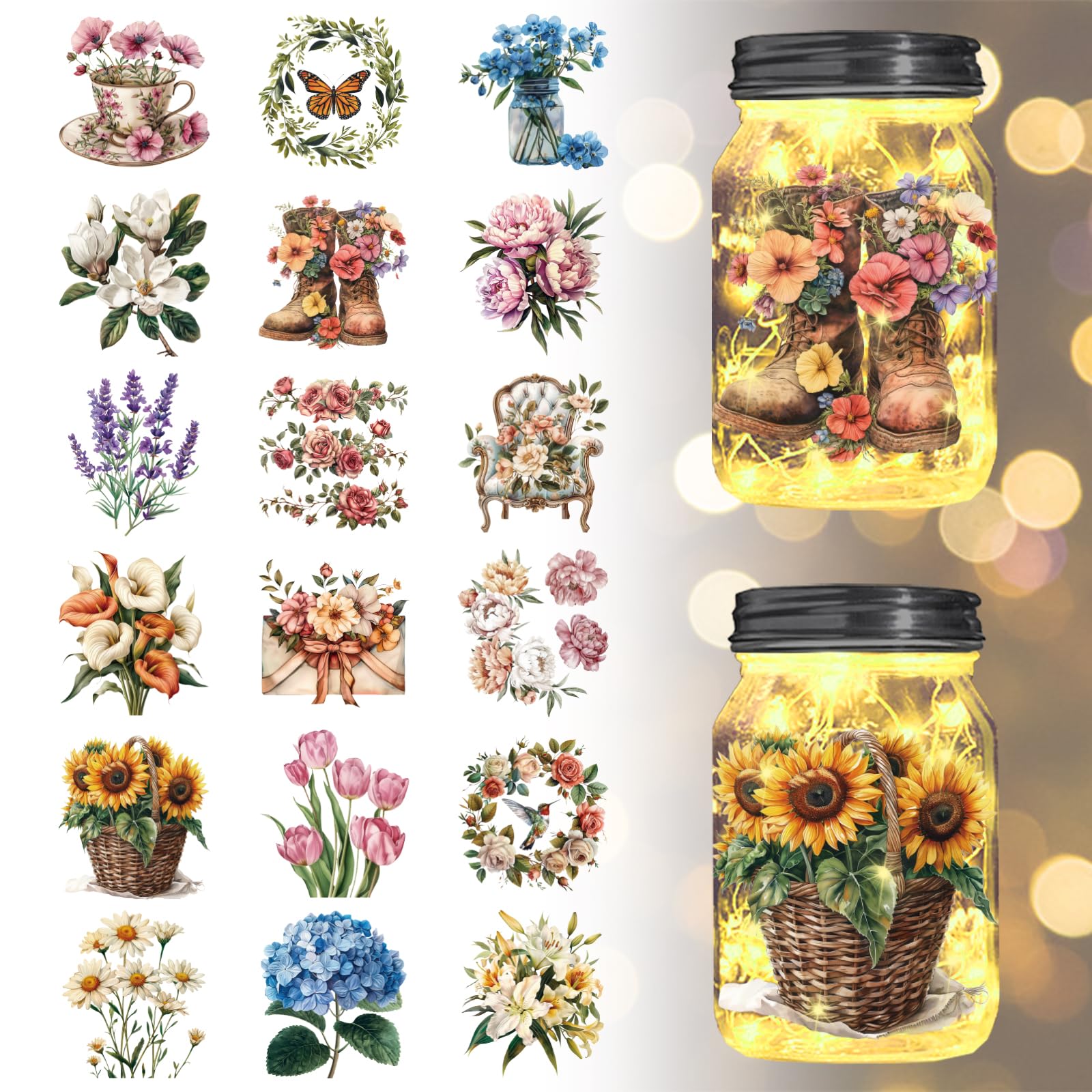 GLOBLELAND 18 Sheets Flowers Transfer Stickers 3.9x3.6inch Butterfly Sunflower Decals Stickers Rose Daisy Tulips Rub on Transfer for Furniture Vase Glass Mason Jars Decorations Art Crafts