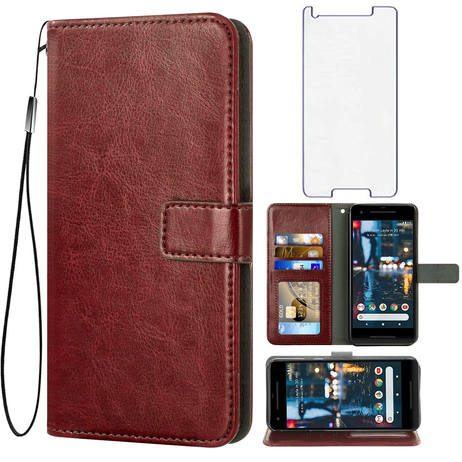Asuwish Phone Case for Google Pixel 2 Wallet With Tempered Glass Screen Protector Card Holder Slot Stand Kickstand Shockproof Rugged Protective Leather Flip Pixel2 Pixle Two pixel2case folio Men Brown
