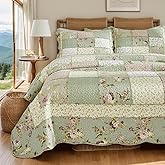 Brandream King Size Quilt Set Cotton Patchwork Quilts Green Rose Floral Quilted Comforter Set Country Rustic Coverlet Set 3-Piece