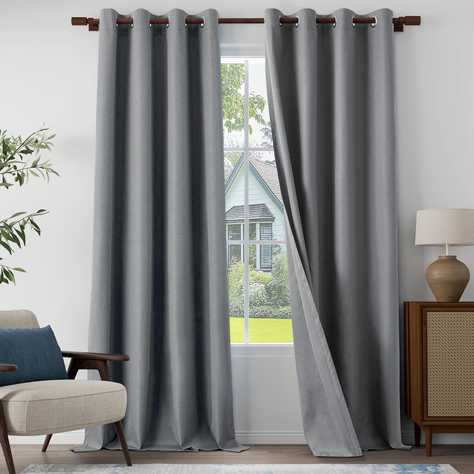 Photo 1 of 100% Blackout Linen Textured Curtains 108 Inch Length 2 Panels Set for Living Room, Bedroom, Light Weight Curtains with Grommets Top, Full Blackout Curtains Privacy Protection, Gray, 52" W x 108" L
