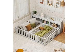 HUMEHA Full Size Montessori Floor Bed with Beside Bookcase and Storage Shelves, Kids Full Floor Bed Frame with Door and Guardrails for Bedroom, Wooden Playhouse for Boys Girls Teens, White