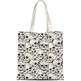 ATHAND Goth Skull Canvas Tote Bag with Zipper Inner Pocket,Halloween Reusable Shopping Beach Travel Grocery Bag for Women