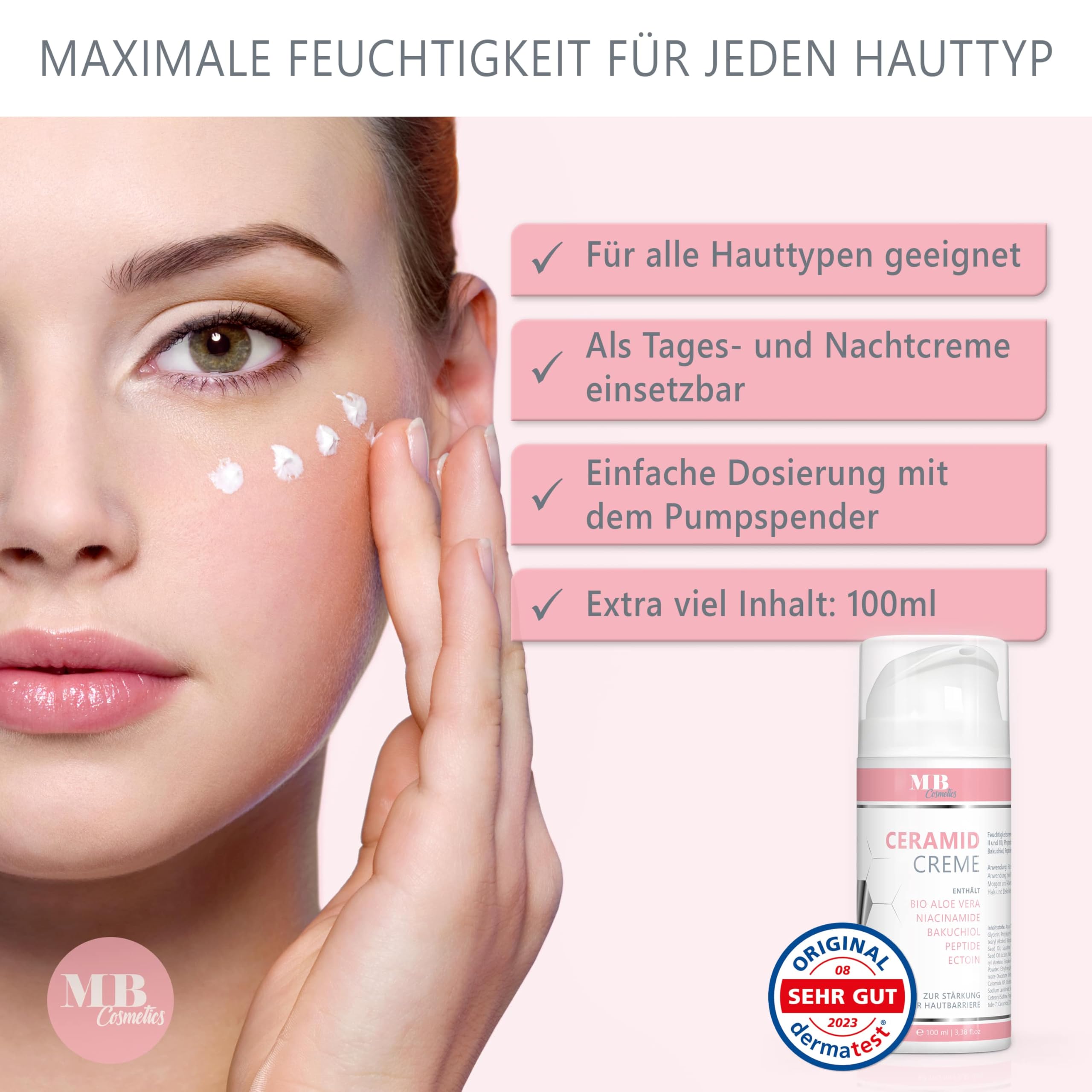 Ceramidcreme 100ml mit 3 essenziellen Ceramiden – plus Bio Aloe Vera, Bakuchiol und Bio Granatapfelkernöl – Vegane Gesichtspflege zur Stärkung der Hautbarriere mit Niacinamiden und Ectoin. 3