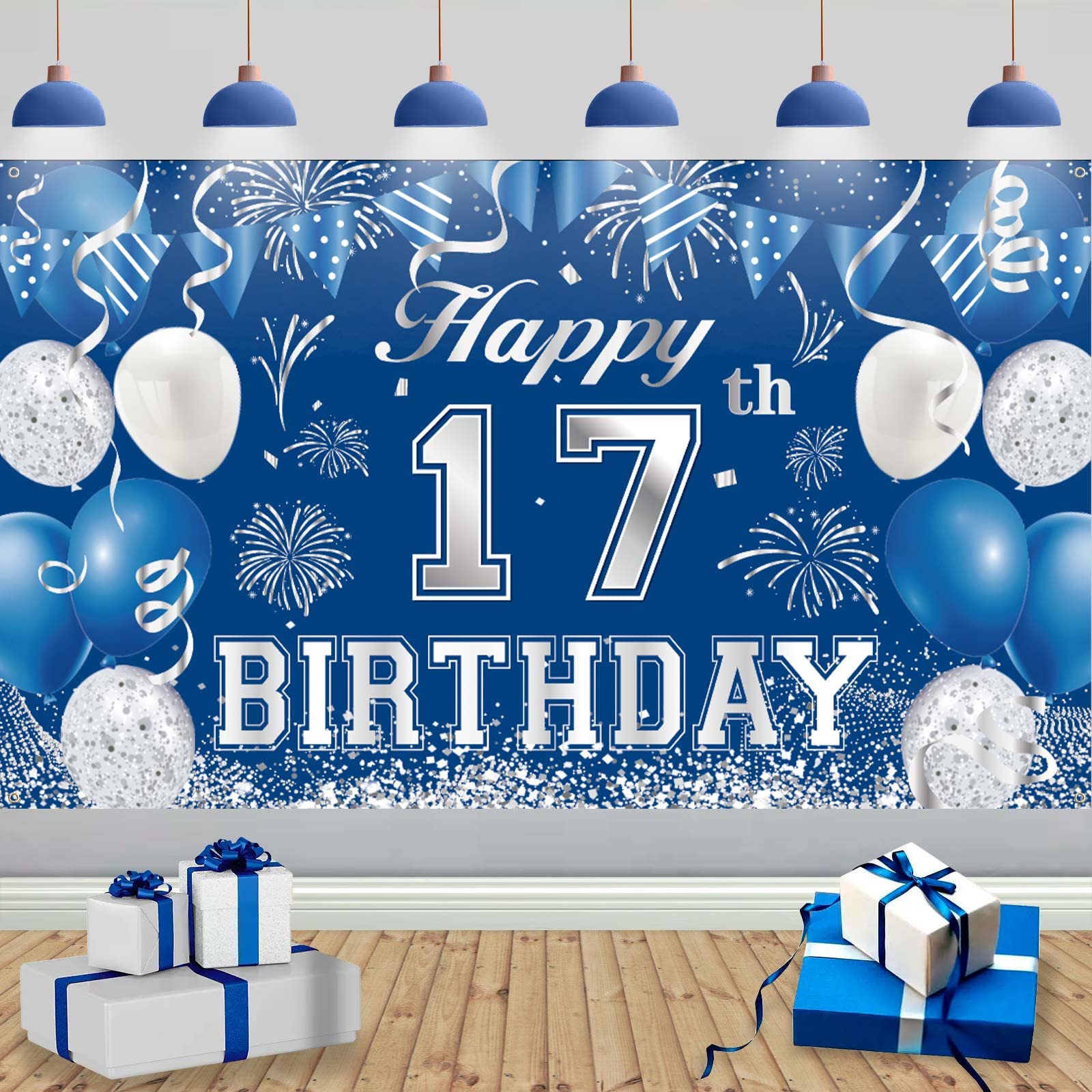 TUTUXMA 17th Birthday Party Decorations, 17th Blue Silver Birthday Backdrop Banner Photo Booth Sign Decoration, Large Seventeen Birthdays Background for Boys 17 Years B'Day Party Supplie 185 * 110