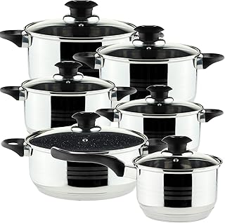 Topf-Sets mit Deckel Kochtopf-Set 12-teilig Edelstahl Pfanne Topf Küche Gasförmig Elektrokeramik Halogen Induktionsfest Marmor Satin Gloss