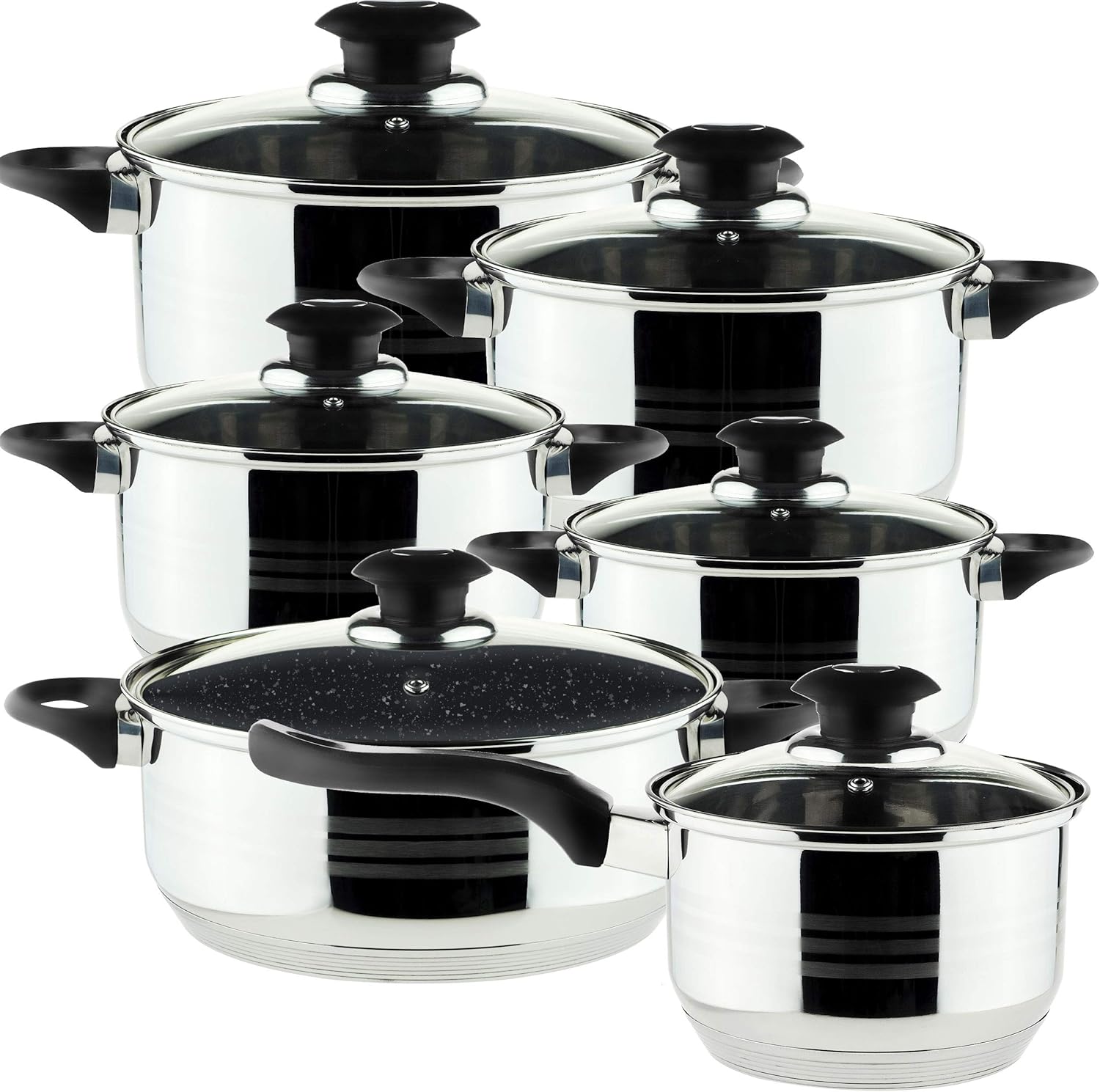 Topf-Sets mit Deckel Kochtopf-Set 12-teilig Edelstahl Pfanne Topf Küche Gasförmig Elektrokeramik Halogen Induktionsfest Marmor Satin Gloss