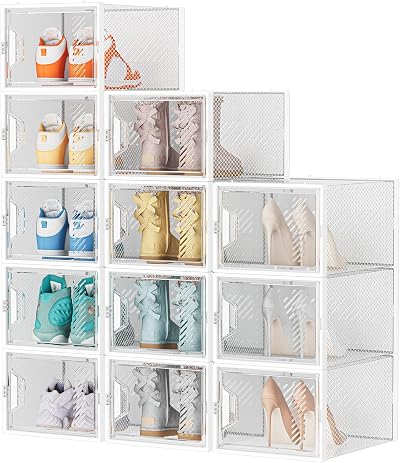 SIMPDIY 12-Pack Clear Stackable Shoe Boxes with Lids, Ventilation, UK 12 Fit