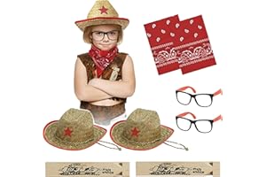 MIYUNI Kids Straw Cowboy Hats and Bandannas Set, Cowgirl Party Hats with Glasses, Boys Girls Rodeo Western Birthday Party