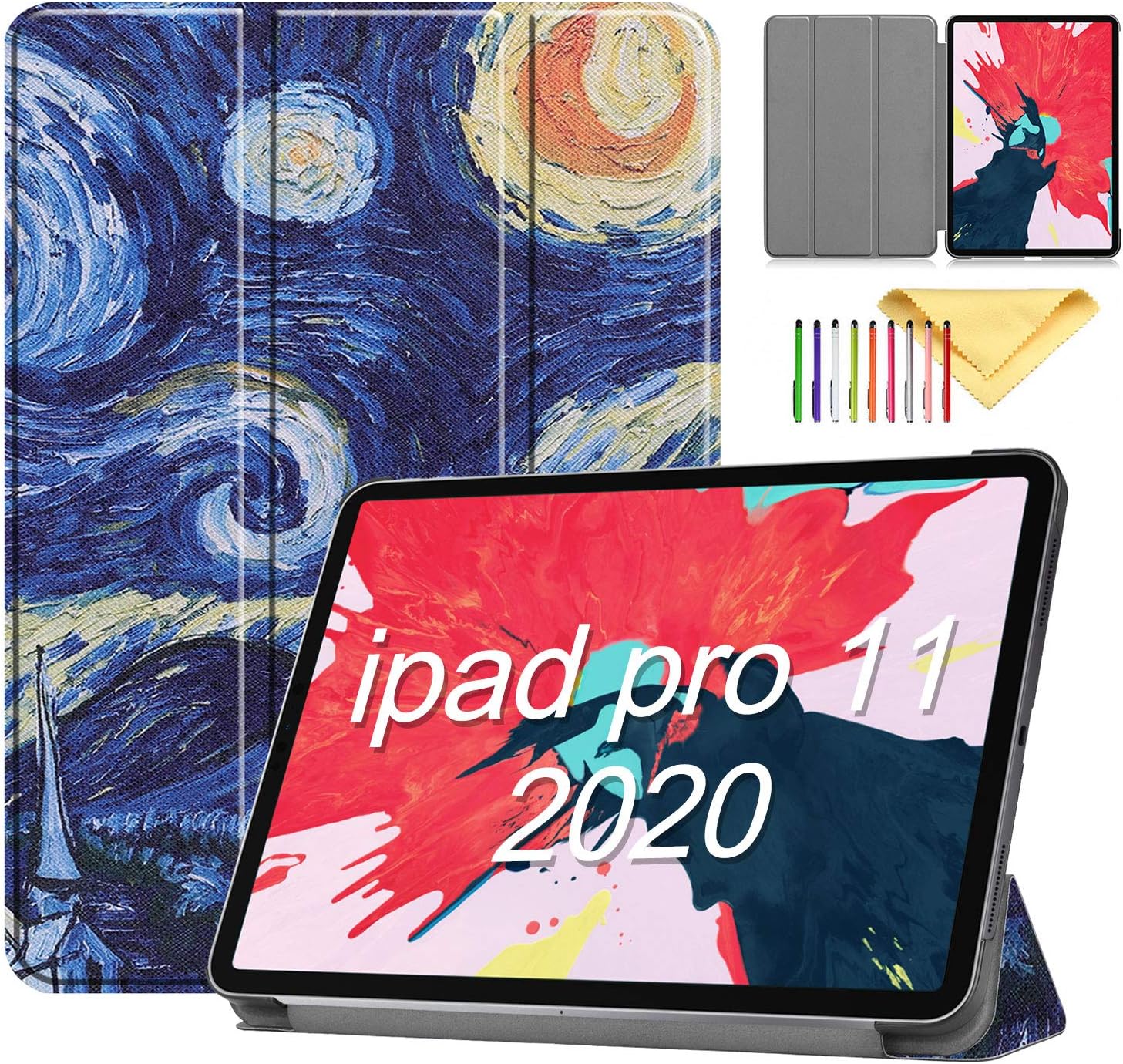 Smart Case for iPad Pro 11 2020 & 2018, Cookk Trifold Stand Case with Pencil Holder Auto Sleep/Wake [Supports Apple Pencil 2 Wireless Charging] Protective Cover for iPad Pro 11", Starry Night