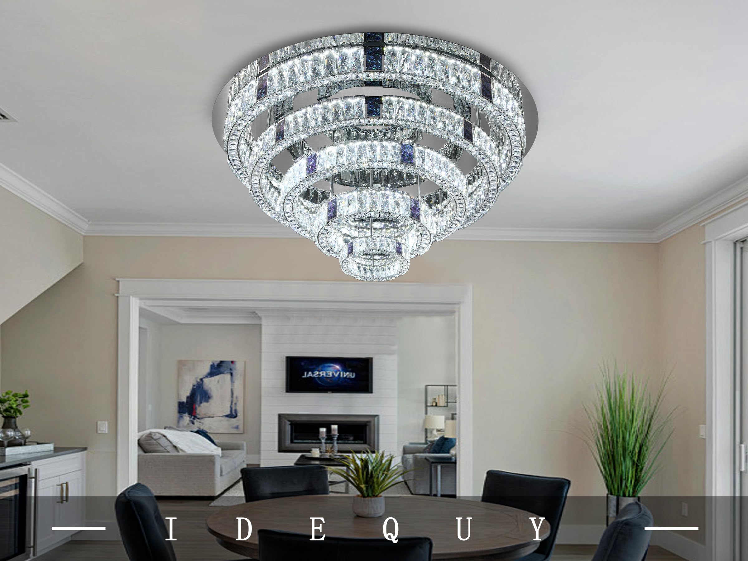 Photo 1 of IDEQUY W40'' Flush Mount Crystal Ceiling Light Round Ring Chrome Ceiling Light Fixture 5-Tier Chandelier for Dining Room Foyer Remote Control 3000-6000K Infinity Dimmable Lighting
