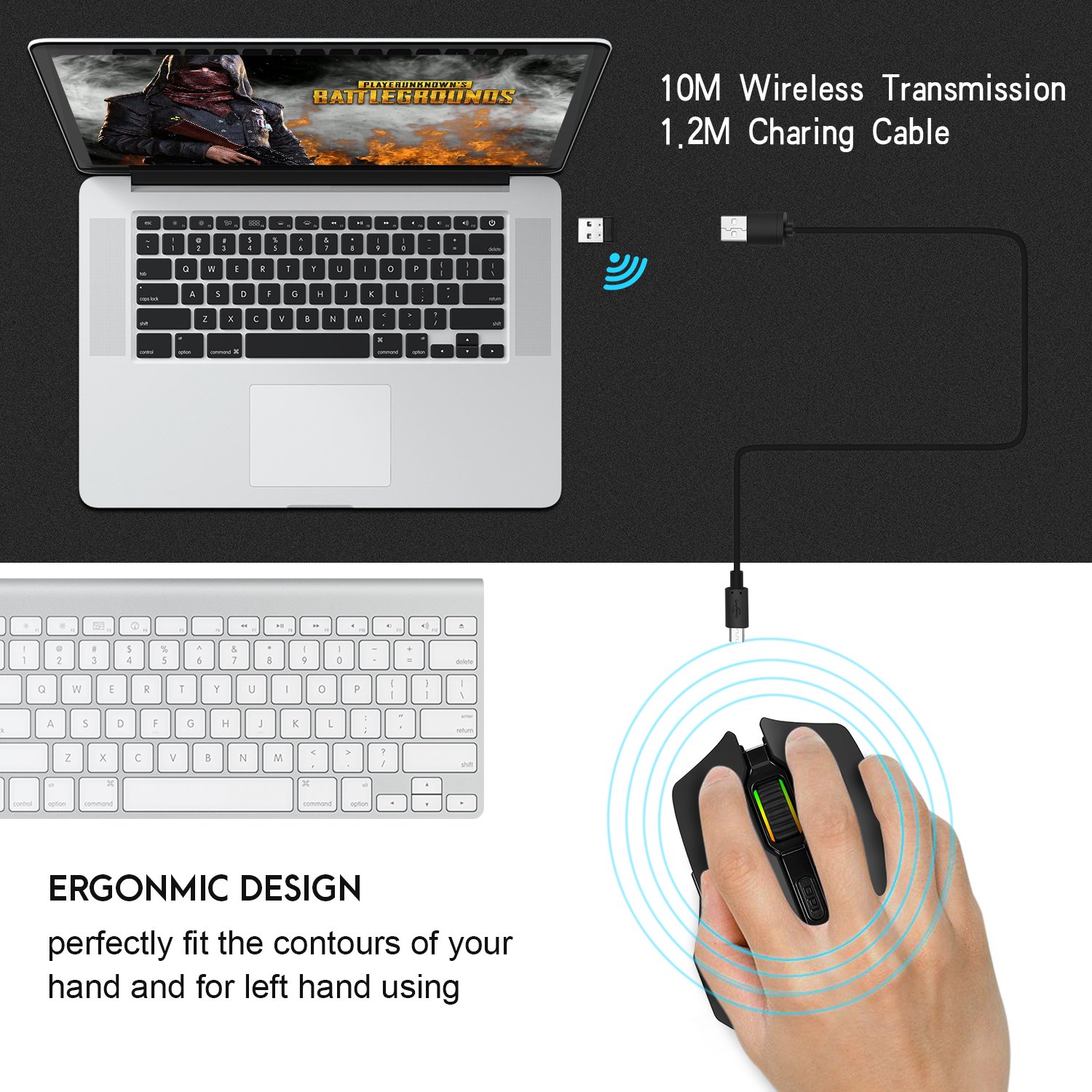 Wireless Mouse Mactrem W200 Rechargeable Battery 4 DPI levels gaming mouse for Mac ,Windows2000/XP/ME/VISTA/WIN7/WIN8/Sensitivity 7 Buttons Lighting in 6 Colours for PC and WIN10 (Black)