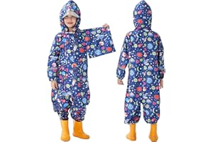 FEWLBY Kids Toddler Rain Suit for Boys Girls One Piece Hoodie Zipper Cartoon Waterproof Coverall Rain Jacket 1-10 Years