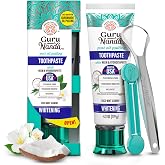 GuruNanda Hydroxyapatite Toothpaste with Neem, SLS &amp; Fluoride Free, 4.2oz | Whitening Toothpaste for Sensitive Teeth with Xylitol|Fights Plaque|With Tongue Scraper, Toothpaste Squeezer|CocoMint Jasmine