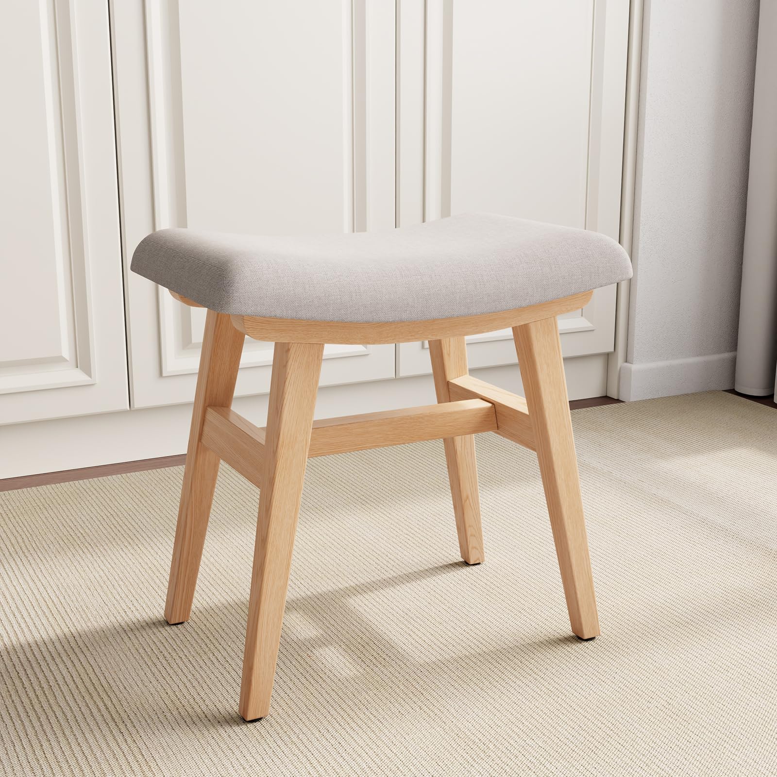 Photo 1 of Muwuele Solid Wood Small Vanity Stool, Compact Makeup Chair with Saddle Cushion, Linen-Covered High Rebound Sponge Seat, Easy Assembly Footstool for Bedroom, Entryway, Home, Natural