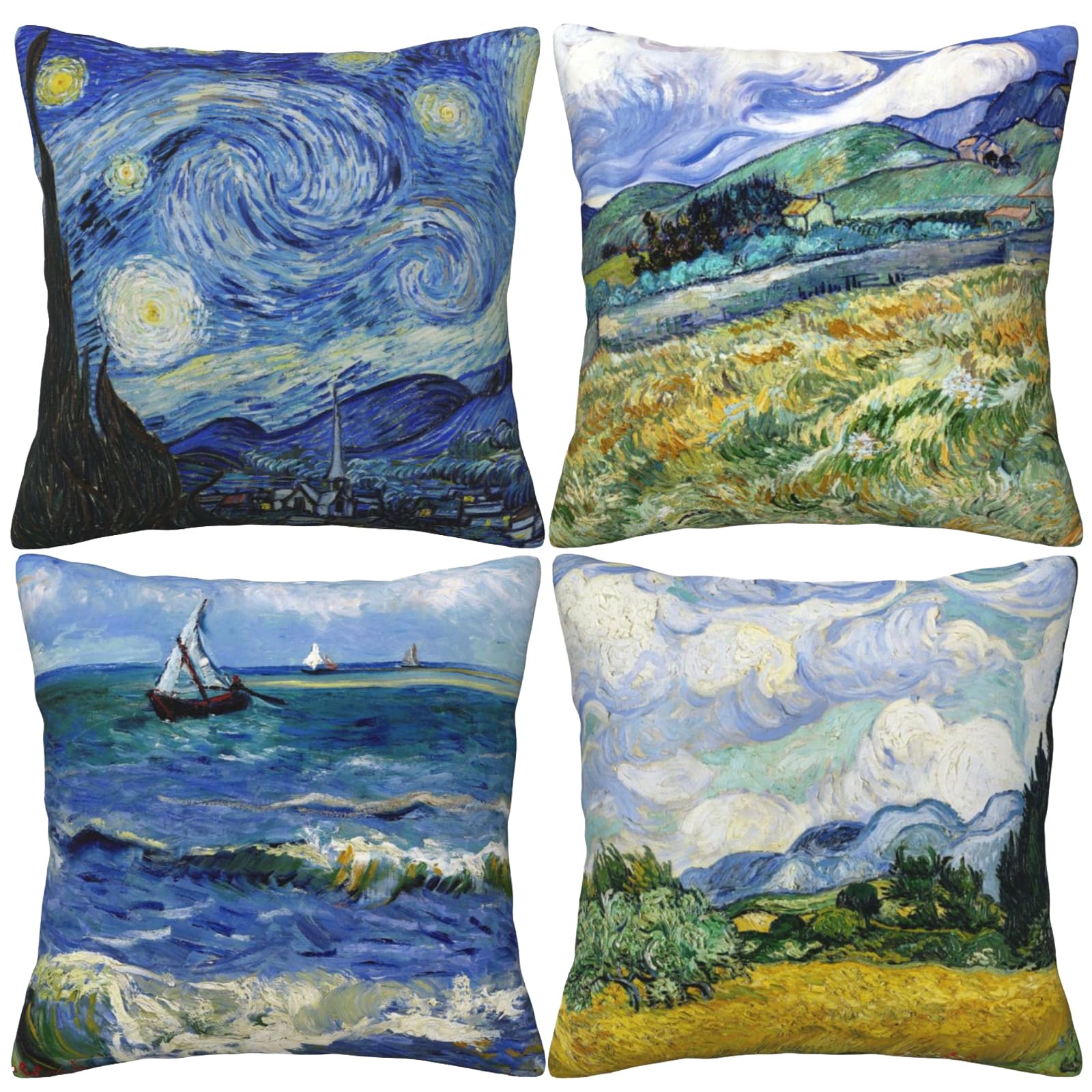 HOSTECCO Art Painting Cushion Covers Pack of 4 Inspired by Van Gogh Starry Night Pattern Cushion Cases Abstract Square Decorative Pillow Covers for Sofa Couch Bed 40x40 cm