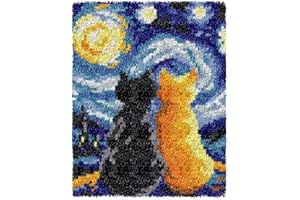 GLAECYY Latch Hook Kits Rug Crochet Yarn Kit Cushion with Starry Night Cat Colour Pre-Printed Canvas Rug Needlework DIY Hook and Latch Kit Christmas Home Decoration20.5''X15''(cat)