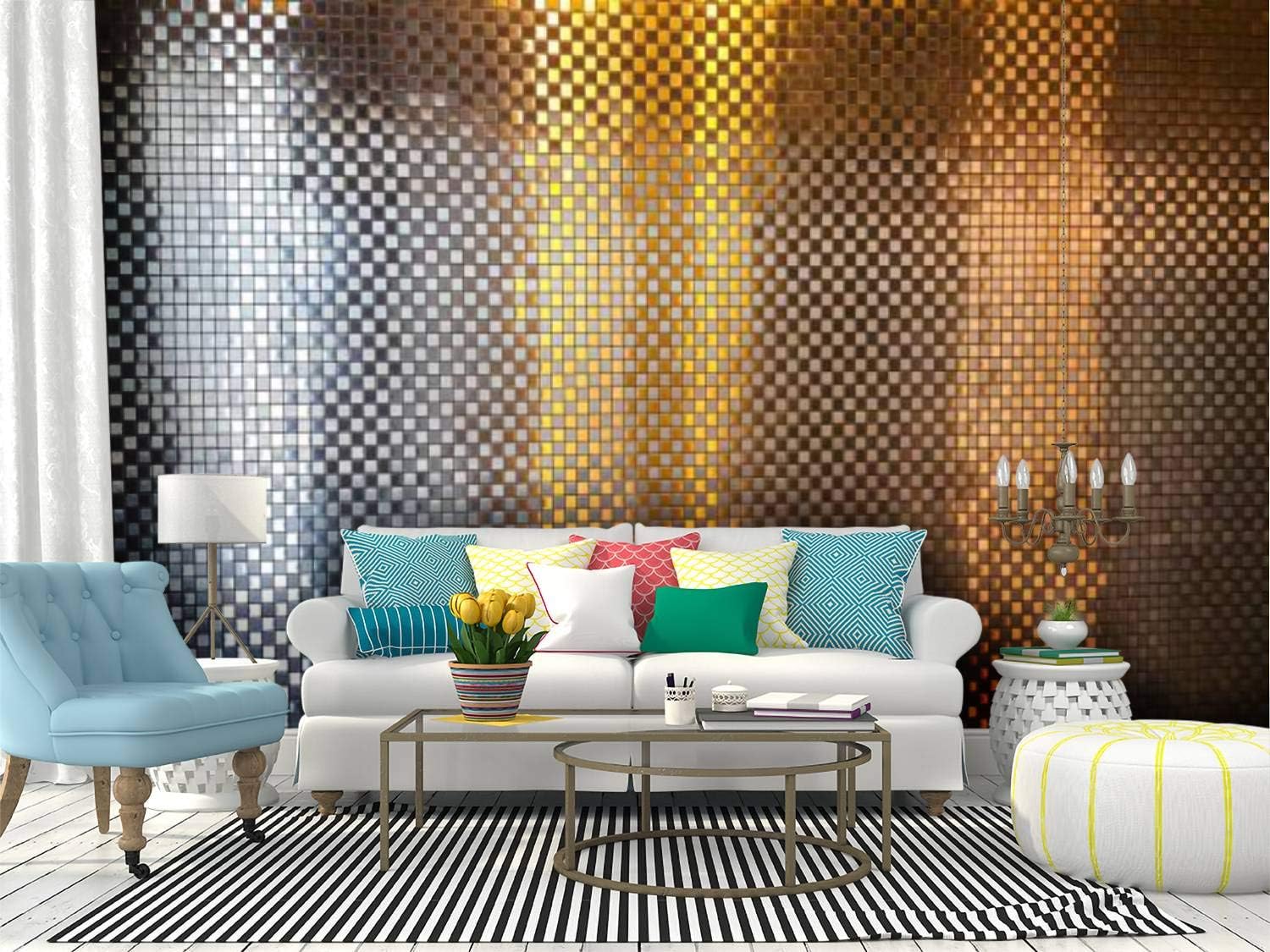 Kanworse Beautiful of Reflective Mosaic Silver and Gold Wall Canvas Print Wallpaper Wall Mural Self Adhesive Peel & Stick Wallpaper Home Craft Wall Decal Wall Poster Sticker for Living Room