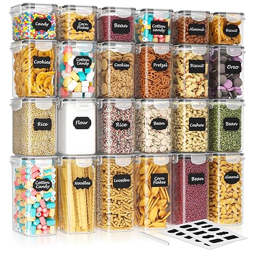 SavvyStor 24 PCS Food Storage Containers, Kitchen Storage, 33.6L BPA Free Pantry Organizers and Storage Plastic Leak-Proof Canisters for Cereal Dry Food, Flour and Sugar Includes 24 Labels & 1 Marker