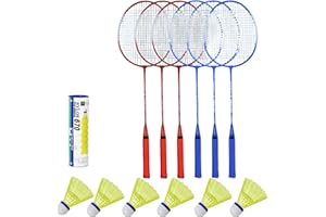 GX TOUR+ Badminton Rackets and Suttle Cock Set of 6 Rackets, 6 Yellow High Visibility Nylon Shuttlecocks, 3 Blue and 3 Red Badminton Set of Iron Frame Racquets, for Indoor and Outdoor Play, Badminton Sets