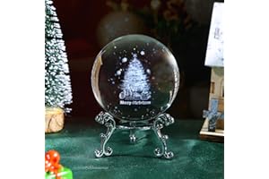 JFTOSALE 2.3in 3D Laser Engraved Christmas Tree Paperweights Crystal Ball with Stand Christmas Decoration