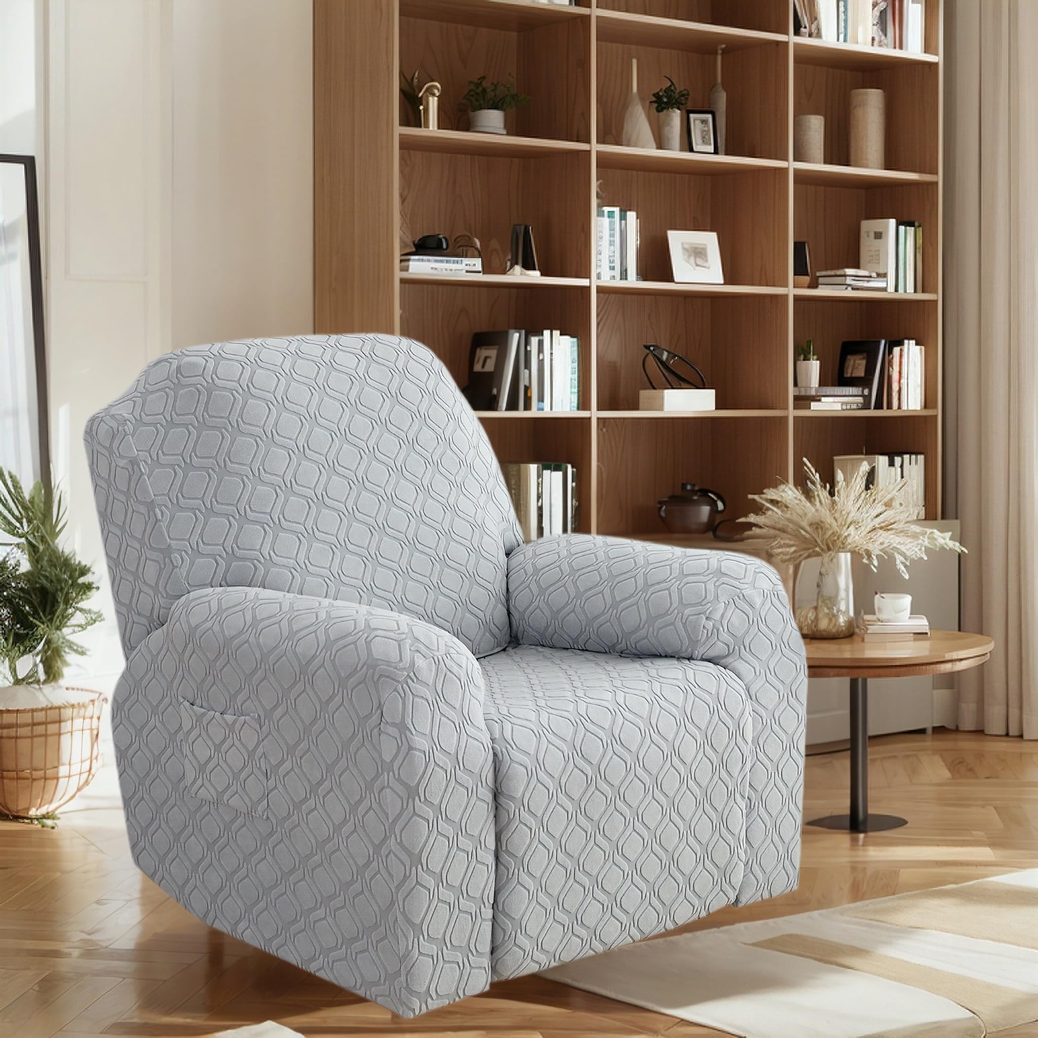 OKUYUK Recliner Chair Cover, 4-Pieces Stretch Recliner Covers for Recliner Chair Soft Reclining Chair Slipcover Furniture Protector for Dogs Cats (Light gray, 1 Seater)