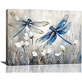 Trulave Blue Dragonfly Bathroom Pictures Wall Art Floral Wall Decor 16x12 | Farmhouse Rustic Dragonfly Framed Painting Country White Flower Artwork for Bathroom Living Room Bedroom