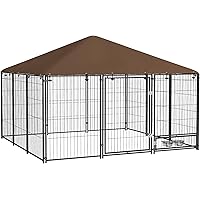 PawHut Large Dog Run, 6.9' x 6.9' x 5' Outdoor Dog Kennel with Canopy, Rotating Bowls, Door for Backyard & Garden, Coffee