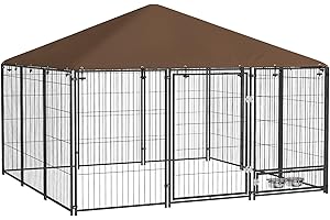 PawHut Large Dog Run, 6.9' x 6.9' x 5' Outdoor Dog Kennel with Canopy, Rotating Bowls, Door for Backyard & Garden, Coffee
