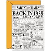 88th Birthday Cards for Men Women - Back In 1938 Newspaper - 88 Happy Birthday Decorations Card for Her Him Grandpa Grandma Dad Mom Uncle Aunt Vintage Retro Born In 1938, A5 Bday Anniversary Cards