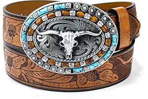 FGSS Western-Cowboy-Leather-Belts for Women Turquoise-Oval-Buckle Embossed Cowgirl Belt for Jeans Pants Fit for 27"-41"